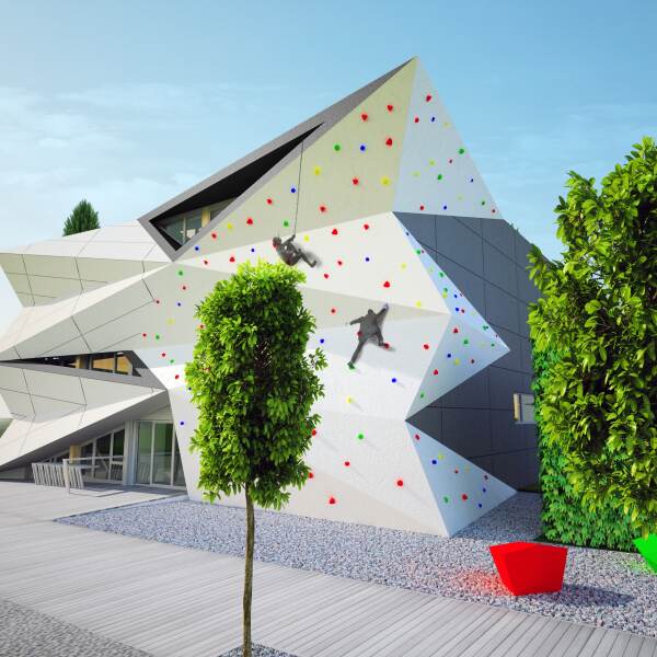 Entrance with dynamic boulder wall